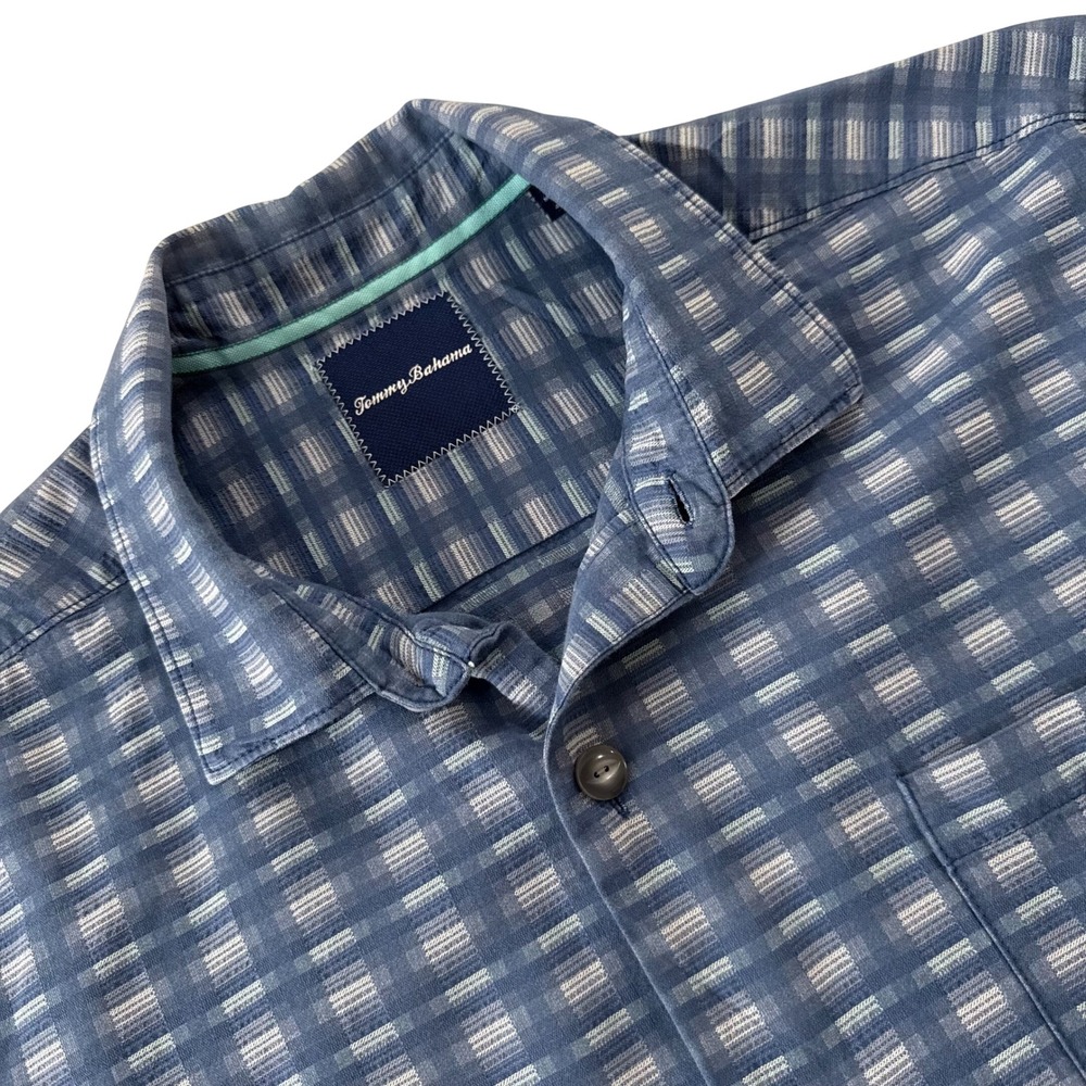 Tommy Bahama Mens XL Blue Plaid Silk‎ Cotton Short Sleeve Button Down Shirt